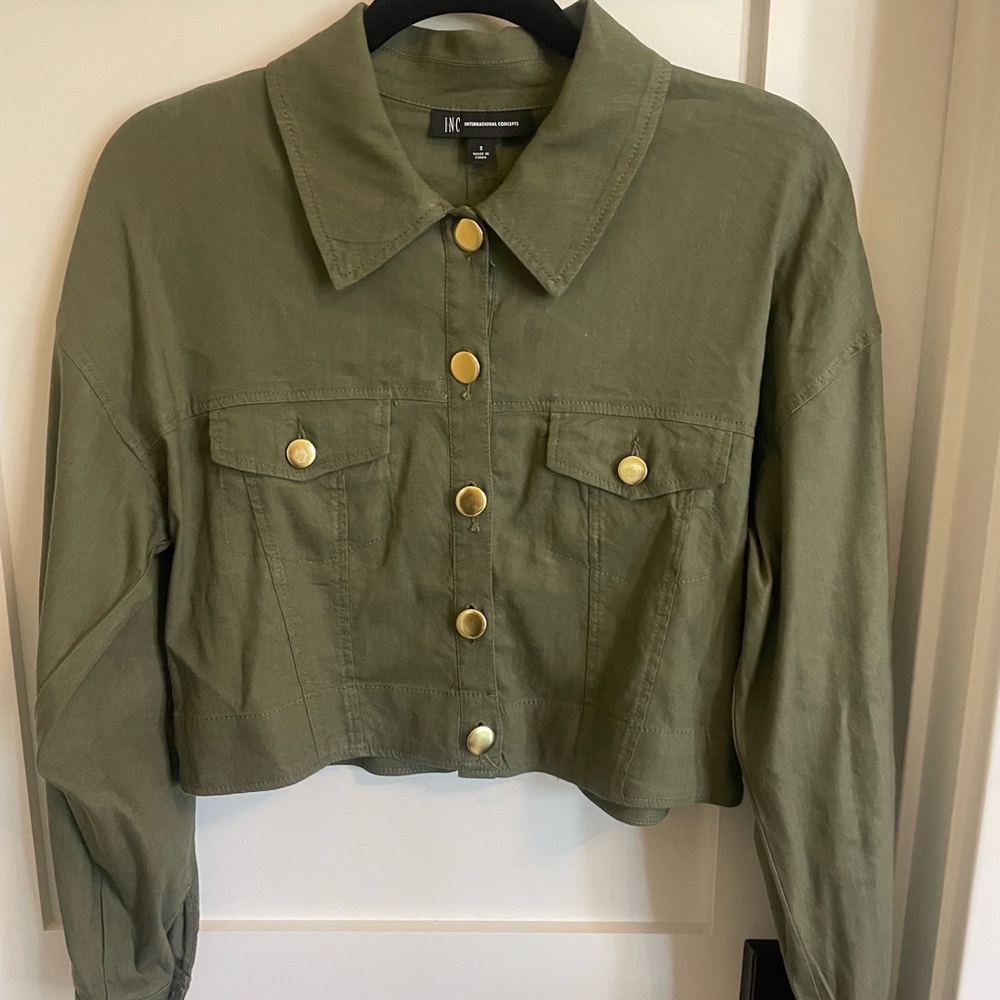 I.N.C short jacket, size s, wore once green, gold buttons.